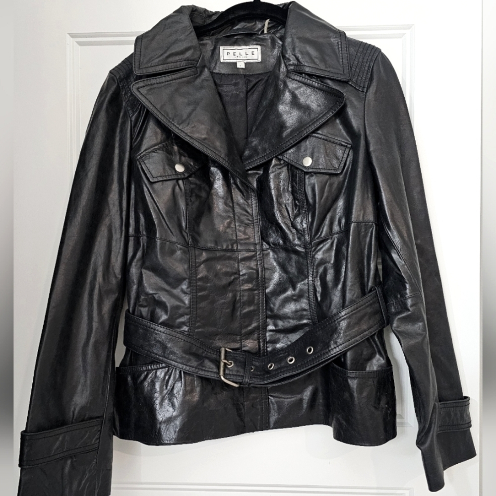 Pelle Women's Black Leather Belted Jacket sz large